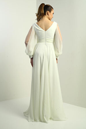 Ön Arka V Yaka Önü Drapeli Kolları Tül Astarlı Geniş Beden Aralıklı Uzun Şifon Elbise