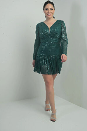 Kadın Ön Arka V Yaka Astarlı Drapeli Uzun Kollu Büyük Beden Pulpayet Elbise