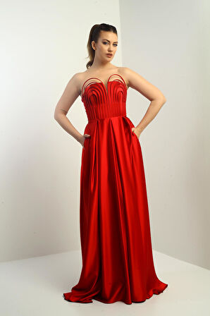 Kadın Straplez Astarlı Önü Balen Biyeli Cepli Kloş Uzun Saten Abiye Elbise