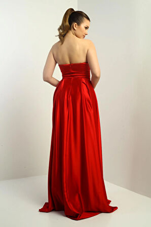 Kadın Straplez Astarlı Önü Balen Biyeli Cepli Kloş Uzun Saten Abiye Elbise