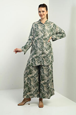 Kadın Yanları Yırtmaçlı Tunik Gömlek Beli Lastikli Cepli Palazzo Pantolon Yaprak Desenli Oversize 2'li Takım