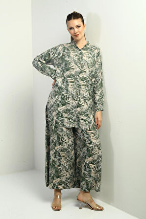 Kadın Yanları Yırtmaçlı Tunik Gömlek Beli Lastikli Cepli Palazzo Pantolon Yaprak Desenli Oversize 2'li Takım