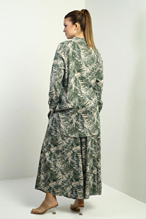 Kadın Yanları Yırtmaçlı Tunik Gömlek Beli Lastikli Cepli Palazzo Pantolon Yaprak Desenli Oversize 2'li Takım