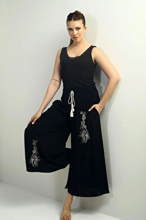 Kadın Beli Lastikli Cepli Nakış Detaylı Palazzo Pantolon