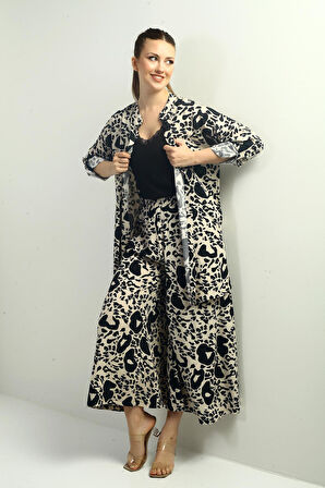 Kadın Yanları Yırtmaçlı Tunik Gömlek Beli Lastikli Cepli Palazzo Pantolon Karışık Desenli Oversize 2'li Takım