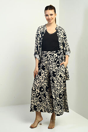 Kadın Yanları Yırtmaçlı Tunik Gömlek Beli Lastikli Cepli Palazzo Pantolon Karışık Desenli Oversize 2'li Takım