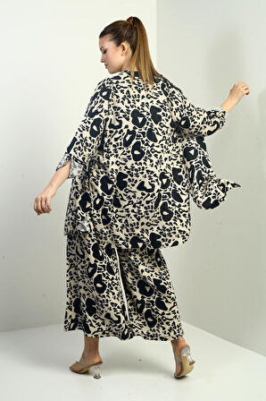 Kadın Yanları Yırtmaçlı Tunik Gömlek Beli Lastikli Cepli Palazzo Pantolon Karışık Desenli Oversize 2'li Takım