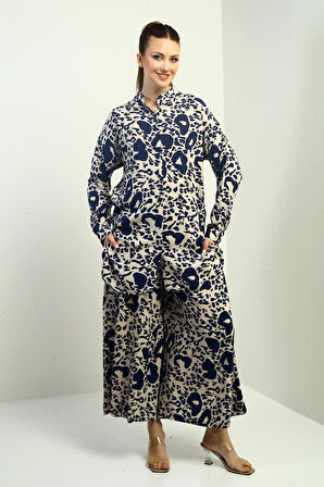 Kadın Yanları Yırtmaçlı Tunik Gömlek Beli Lastikli Cepli Palazzo Pantolon Karışık Desenli Oversize 2'li Takım