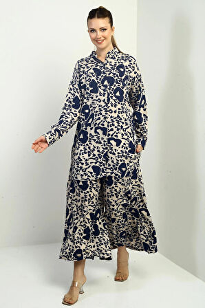 Kadın Yanları Yırtmaçlı Tunik Gömlek Beli Lastikli Cepli Palazzo Pantolon Karışık Desenli Oversize 2'li Takım