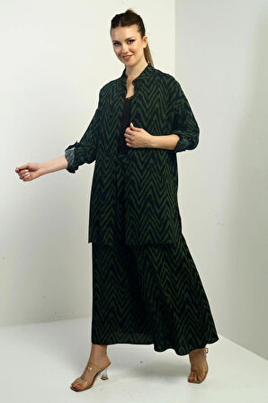 Kadın  Yanları Yırtmaçlı Tunik Gömlek Beli Lastikli Palazzo Pantoln Zigzag Desen Oversize 2'li Takım