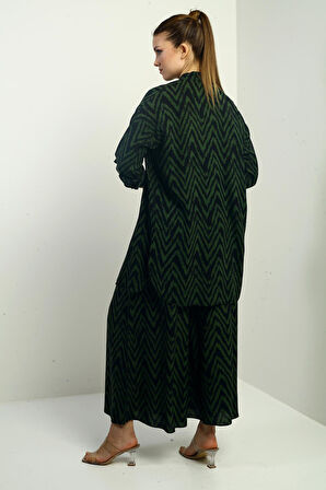 Kadın  Yanları Yırtmaçlı Tunik Gömlek Beli Lastikli Palazzo Pantoln Zigzag Desen Oversize 2'li Takım