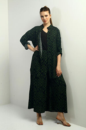 Kadın  Yanları Yırtmaçlı Tunik Gömlek Beli Lastikli Palazzo Pantoln Zigzag Desen Oversize 2'li Takım