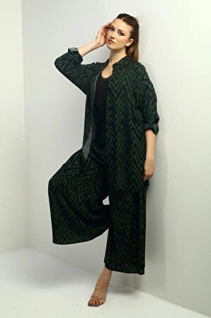Kadın  Yanları Yırtmaçlı Tunik Gömlek Beli Lastikli Palazzo Pantoln Zigzag Desen Oversize 2'li Takım
