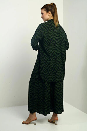 Kadın  Yanları Yırtmaçlı Tunik Gömlek Beli Lastikli Palazzo Pantoln Zigzag Desen Oversize 2'li Takım