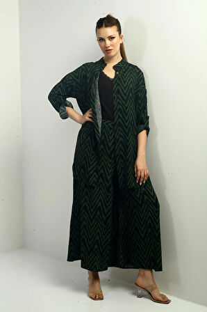 Kadın  Yanları Yırtmaçlı Tunik Gömlek Beli Lastikli Palazzo Pantoln Zigzag Desen Oversize 2'li Takım