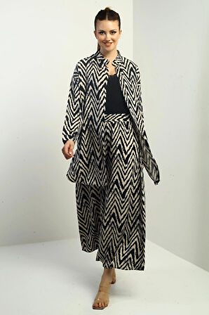 Kadın  Yanları Yırtmaçlı Tunik Gömlek Beli Lastikli Palazzo Pantoln Zigzag Desen Oversize 2'li Takım