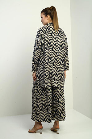 Kadın  Yanları Yırtmaçlı Tunik Gömlek Beli Lastikli Palazzo Pantoln Zigzag Desen Oversize 2'li Takım