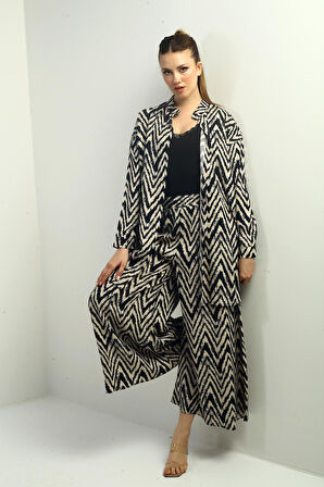 Kadın  Yanları Yırtmaçlı Tunik Gömlek Beli Lastikli Palazzo Pantoln Zigzag Desen Oversize 2'li Takım