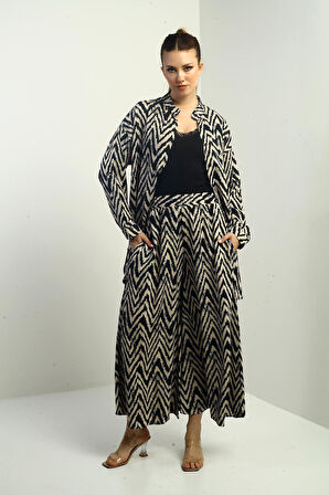 Kadın  Yanları Yırtmaçlı Tunik Gömlek Beli Lastikli Palazzo Pantoln Zigzag Desen Oversize 2'li Takım