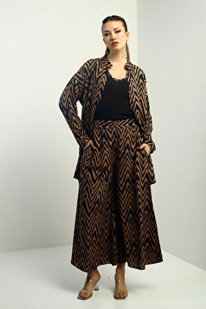 Kadın  Yanları Yırtmaçlı Tunik Gömlek Beli Lastikli Palazzo Pantoln Zigzag Desen Oversize 2'li Takım