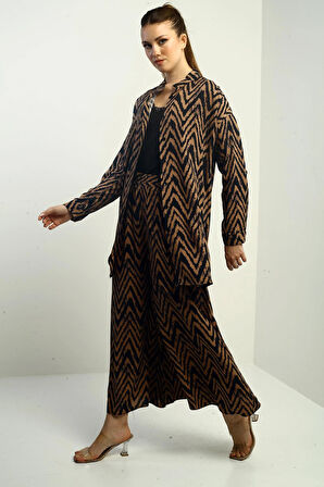 Kadın  Yanları Yırtmaçlı Tunik Gömlek Beli Lastikli Palazzo Pantoln Zigzag Desen Oversize 2'li Takım