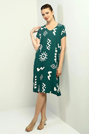 Yaka Etnik Desenli Oversize Elbise