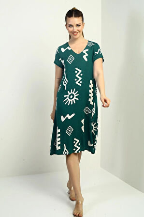 Yaka Etnik Desenli Oversize Elbise