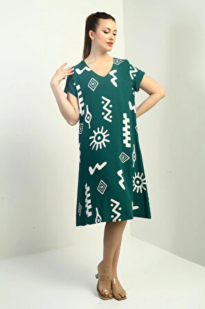 Yaka Etnik Desenli Oversize Elbise