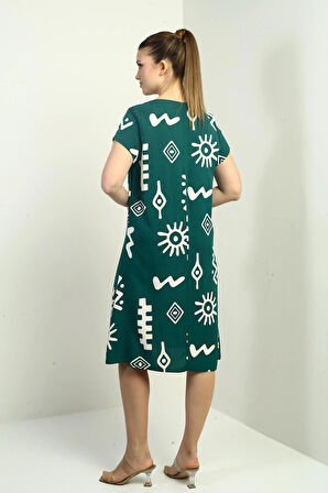 Yaka Etnik Desenli Oversize Elbise