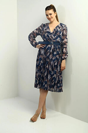 Kadın Kruvaze Yaka Beli Kemerli Astarlı Pileli Desenli Midi Şifon Elbise