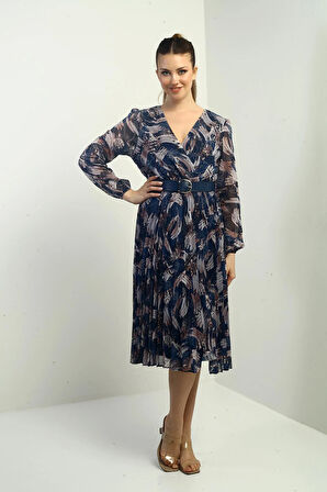 Kadın Kruvaze Yaka Beli Kemerli Astarlı Pileli Desenli Midi Şifon Elbise