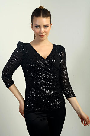 Kadın Kruvaze Yaka Önü Drapeli Astarlı Pulpayet Uzun Kollu Bluz