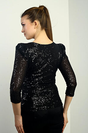 Kadın Kruvaze Yaka Önü Drapeli Astarlı Pulpayet Uzun Kollu Bluz