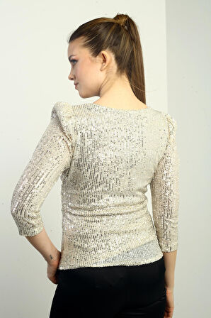 Kadın Kruvaze Yaka Önü Drapeli Astarlı Pulpayet Uzun Kollu Bluz