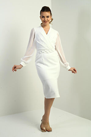 Kadın Boncuklu Kruvaze Yaka Astarlı Beli Kemerli Şifon Kollu Midi Elbise