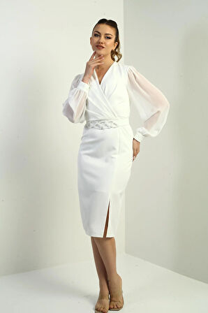 Kadın Boncuklu Kruvaze Yaka Astarlı Beli Kemerli Şifon Kollu Midi Elbise