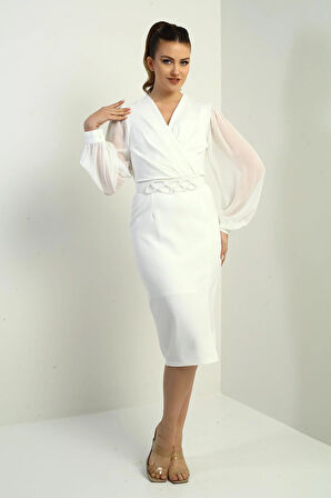 Kadın Boncuklu Kruvaze Yaka Astarlı Beli Kemerli Şifon Kollu Midi Elbise