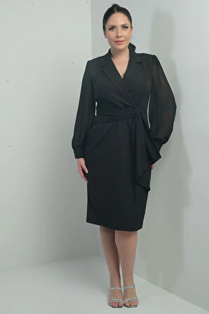 Kadın Kruvaze Yaka Kolları Şifon Boncuklu Bel Detaylı Kendinden Telalı Yarım Astarlı Büyük Beden Elbise