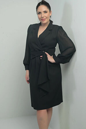 Kadın Kruvaze Yaka Kolları Şifon Boncuklu Bel Detaylı Kendinden Telalı Yarım Astarlı Büyük Beden Elbise