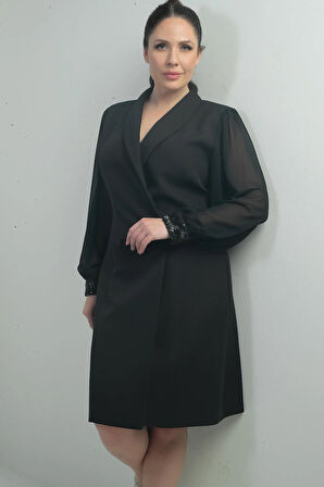 Kadın Kruvaze Yaka Kolları Şifon Boncuk Detaylı Astarlı Büyük Beden Elbise