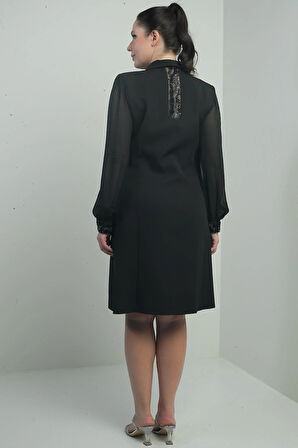 Kadın Kruvaze Yaka Kolları Şifon Boncuk Detaylı Astarlı Büyük Beden Elbise