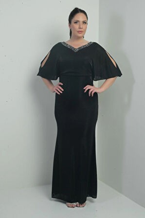 Kadın Ön Arka Taşlı V Yaka Astarlı Dekolteli Yarasa Kollu Uzun Simli Büyük Beden Elbise