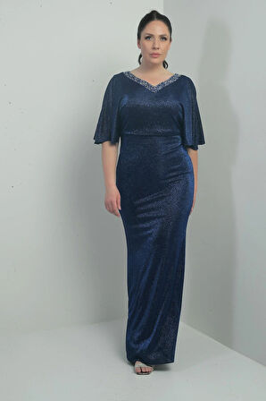 Kadın Ön Arka Taşlı V Yaka Astarlı Dekolteli Yarasa Kollu Uzun Simli Büyük Beden Elbise