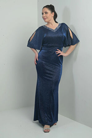 Kadın Ön Arka Taşlı V Yaka Astarlı Dekolteli Yarasa Kollu Uzun Simli Büyük Beden Elbise