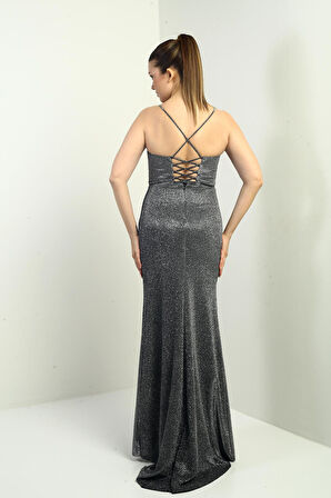 Kadın İp Askılı Eteği Pileli Astarlı Uzun Simli Elbise