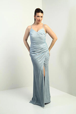 Kadın İp Askılı Eteği Pileli Astarlı Uzun Simli Elbise