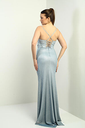 Kadın İp Askılı Eteği Pileli Astarlı Uzun Simli Elbise