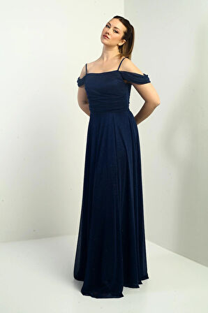 Kadın İp Askılı Eteği Kloş Astarlı Uzun Simli Elbise