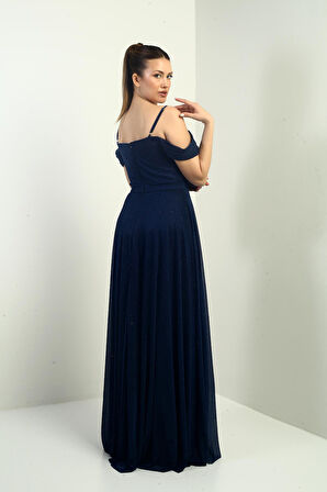 Kadın İp Askılı Eteği Kloş Astarlı Uzun Simli Elbise