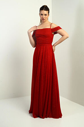 Kadın İp Askılı Eteği Kloş Astarlı Uzun Simli Elbise